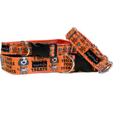 I Do Tricks For Treats Dog Collar by Big Paw Shop featuring a whimsical design on cotton fabric