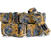 Dia de los Muertos (Yellow) Dog Collar by Big Paw Shop featuring a whimsical design on cotton fabric