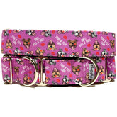 100% Kiss-A-Bull Magenta Dog Collar by Big Paw Shop featuring a whimsical design on cotton fabric
