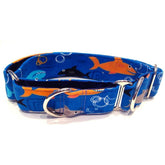 Shark Friends Dog Collar by Big Paw Shop featuring a whimsical design on cotton fabric