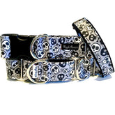 Mini Skulls Grey Dog Collar by Big Paw Shop featuring a whimsical design on cotton fabric