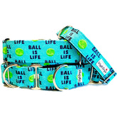 Ball Is Life - Blue Dog Collar by Big Paw Shop featuring a whimsical design on cotton fabric