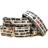 I Love Bacon Dog Collar by Big Paw Shop featuring a whimsical design on cotton fabric