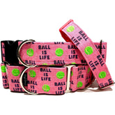 Ball Is Life (Pink) Dog Collar by Big Paw Shop featuring a whimsical design on cotton fabric