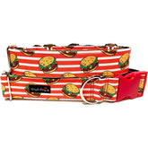 Cheese Burgers Dog Collar by Big Paw Shop featuring a whimsical design on cotton fabric