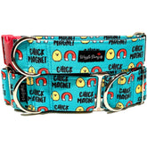 Chick Magnet Dog Collar by Big Paw Shop featuring a whimsical design on cotton fabric