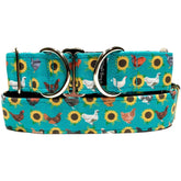 Chickens In The Garden Dog Collar by Big Paw Shop featuring a whimsical design on cotton fabric
