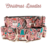 Christmas Doodles (Pink) Dog Collar by Big Paw Shop featuring a whimsical design on cotton fabric