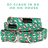 DJ Santa Claus Dog Collar by Big Paw Shop featuring a whimsical design on cotton fabric
