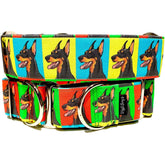 Doberman Pop Art Dog Collar by Big Paw Shop featuring a whimsical design on cotton fabric