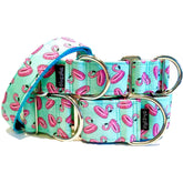 Flamingo Floaties Dog Collar by Big Paw Shop featuring a whimsical design on cotton fabric
