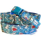 Jaws Attacks Dog Collar by Big Paw Shop featuring a whimsical design on cotton fabric