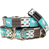 Moose & Bear Patchwork Dog Collar by Big Paw Shop featuring a whimsical design on cotton fabric