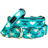 Rescued And Loved - Teal Dog Collar by Big Paw Shop featuring a whimsical design on cotton fabric
