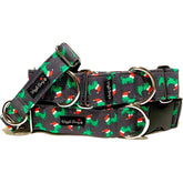 Santa T-Rex Dog Collar by Big Paw Shop featuring a whimsical design on cotton fabric