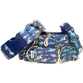 Swimming Sharks Dog Collar by Big Paw Shop featuring a whimsical design on cotton fabric