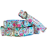She Sells Seashells Dog Collar by Big Paw Shop featuring a whimsical design on cotton fabric
