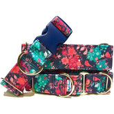 Spring Garden Navy Dog Collar by Big Paw Shop featuring a whimsical design on cotton fabric