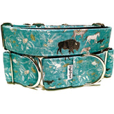 Stampede Teal Dog Collar by Big Paw Shop featuring a whimsical design on cotton fabric