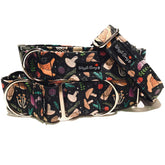 Mushroom Magic Dog Collar by Big Paw Shop featuring a whimsical design on cotton fabric