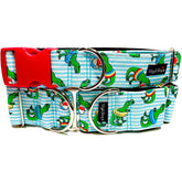 T-rex Beach Ball Dog Collar by Big Paw Shop featuring a whimsical design on cotton fabric