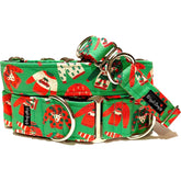 Green Ugly Christmas Sweater Dog Collar by Big Paw Shop featuring a whimsical design on cotton fabric
