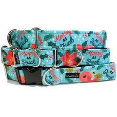 Merry As F*** Dog Collar by Big Paw Shop featuring a whimsical design on cotton fabric