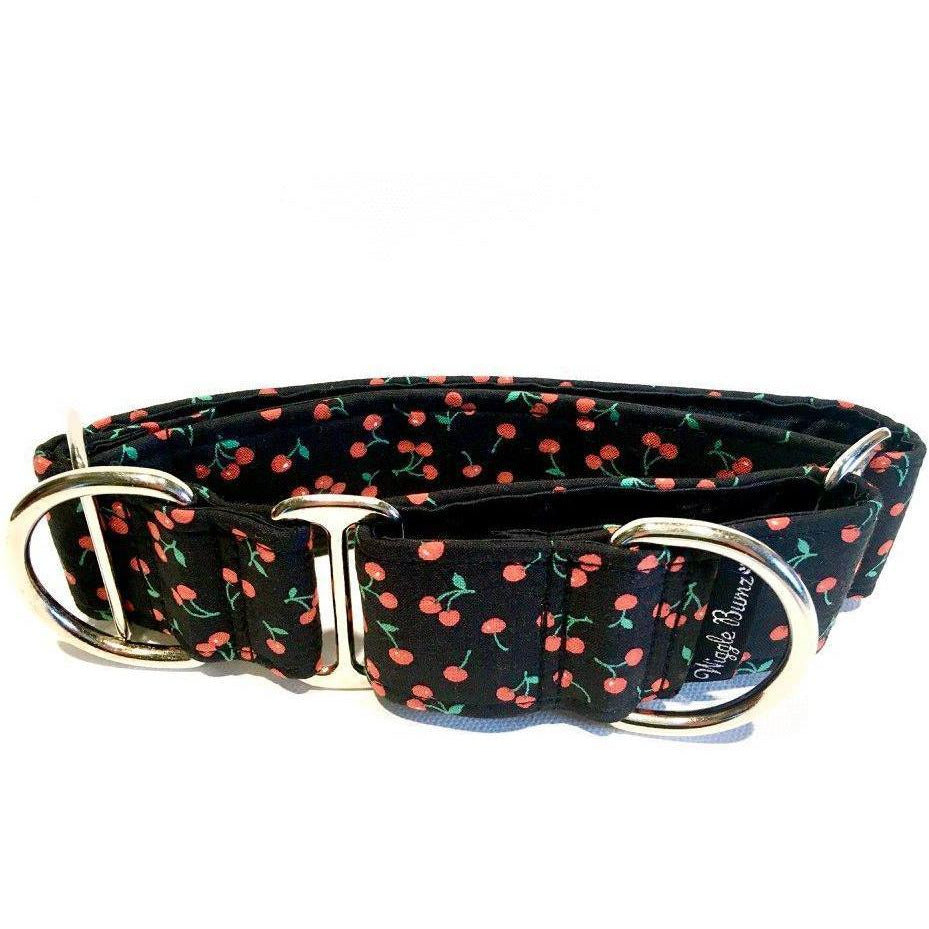 Mini Cherries Dog Collar by Big Paw Shop featuring a whimsical design on cotton fabric