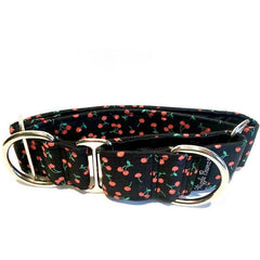 Mini Cherries Dog Collar by Big Paw Shop featuring a whimsical design on cotton fabric