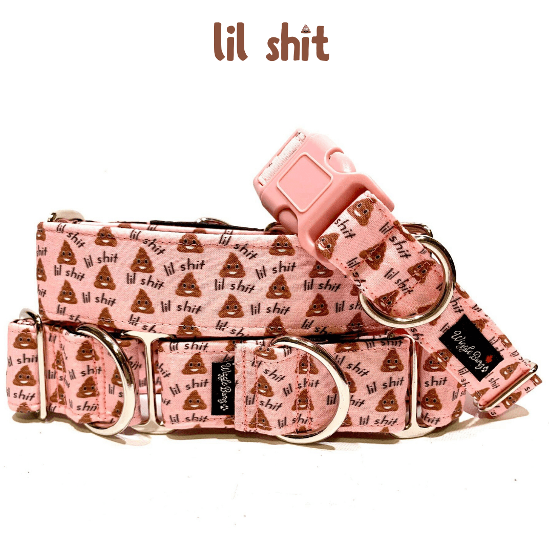 Lil Sh!t (Pink) Dog Collar by Big Paw Shop featuring a whimsical design on cotton fabric