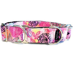 Floral Doodle Pink Dog Collar by Big Paw Shop featuring a whimsical design on cotton fabric
