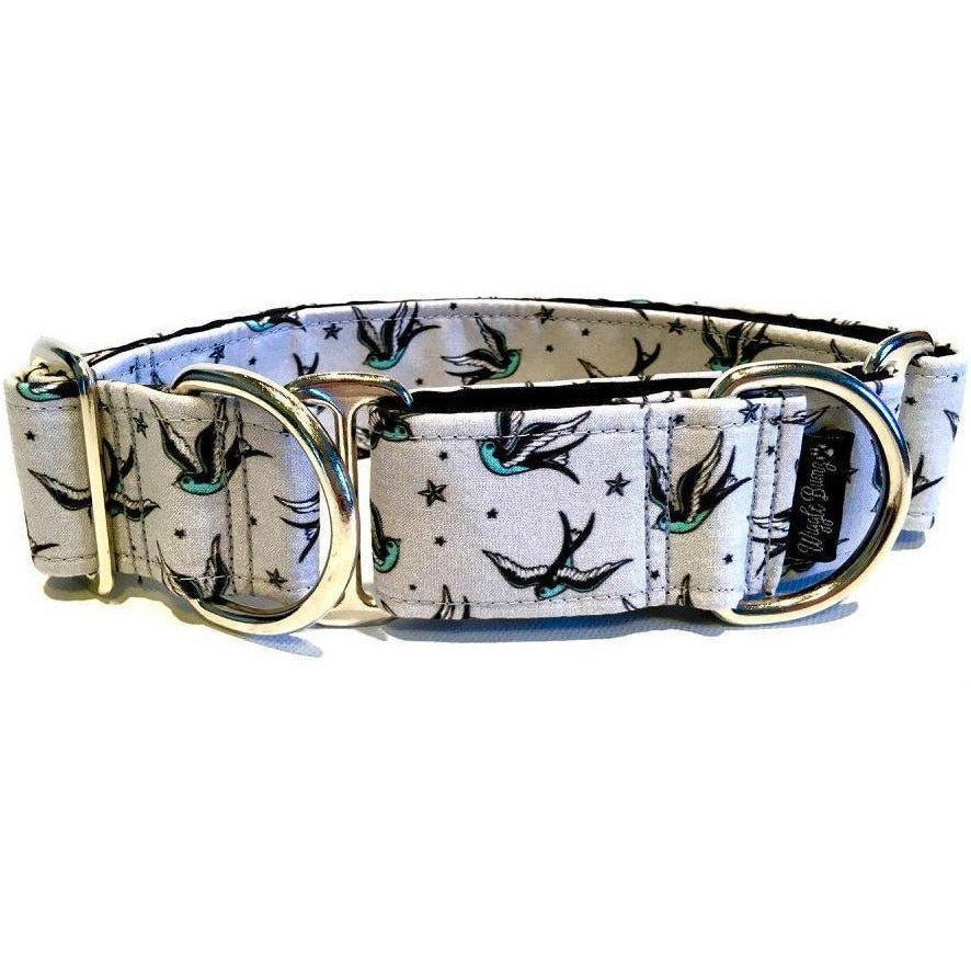 Sparrow Dog Collar by Big Paw Shop featuring a whimsical design on cotton fabric