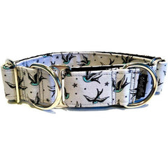 Sparrow Dog Collar by Big Paw Shop featuring a whimsical design on cotton fabric
