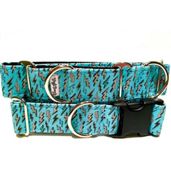 Blue Thunderbolts Dog Collar by Big Paw Shop featuring a whimsical design on cotton fabric