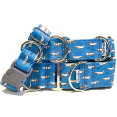 Mini White Whales Dog Collar by Big Paw Shop featuring a whimsical design on cotton fabric
