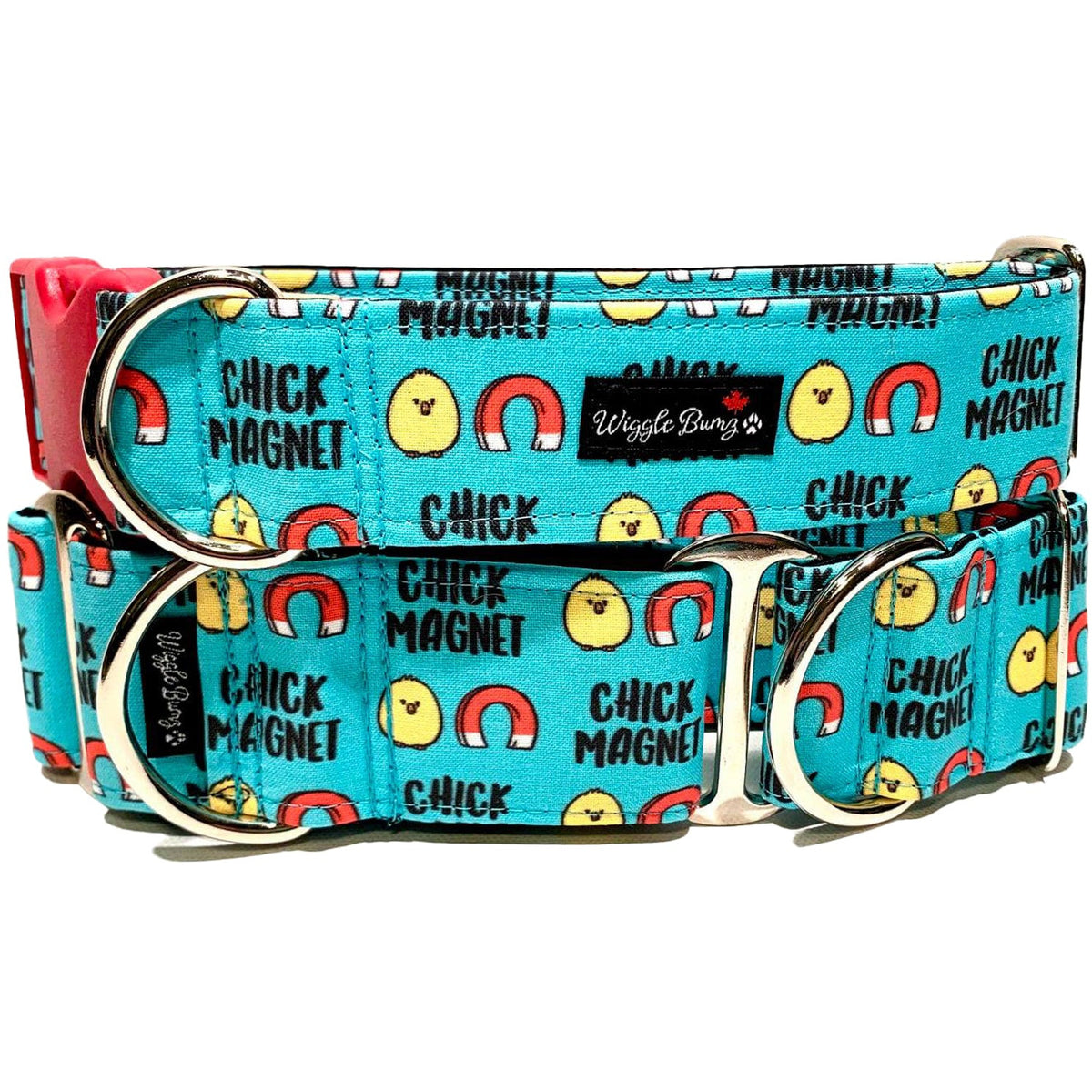 Chick Magnet Dog Collar by Big Paw Shop featuring a whimsical design on cotton fabric