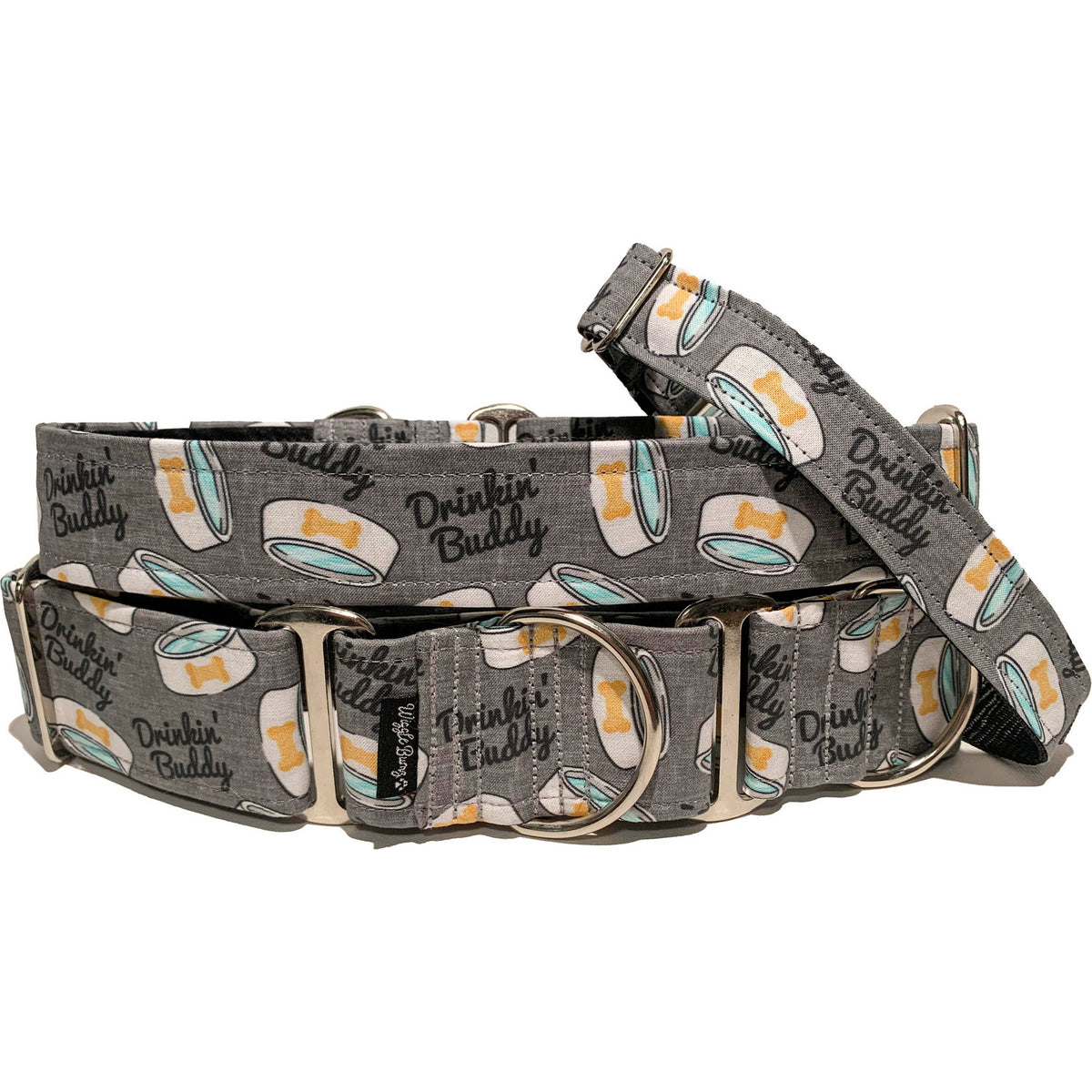Drinkin' Buddy Dog Collar by Big Paw Shop featuring a whimsical design on cotton fabric