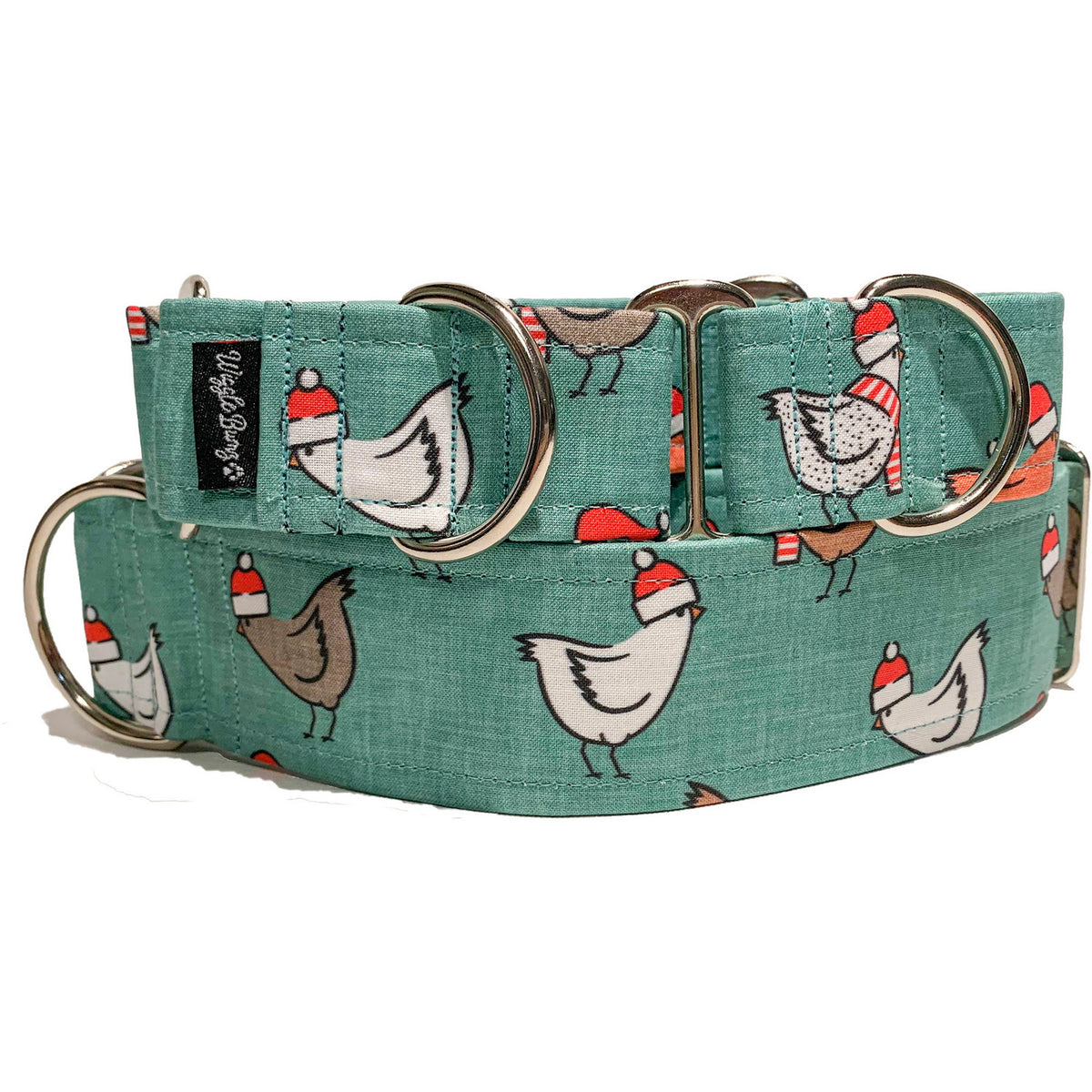 Festive Chickens Dog Collar by Big Paw Shop featuring a whimsical design on cotton fabric