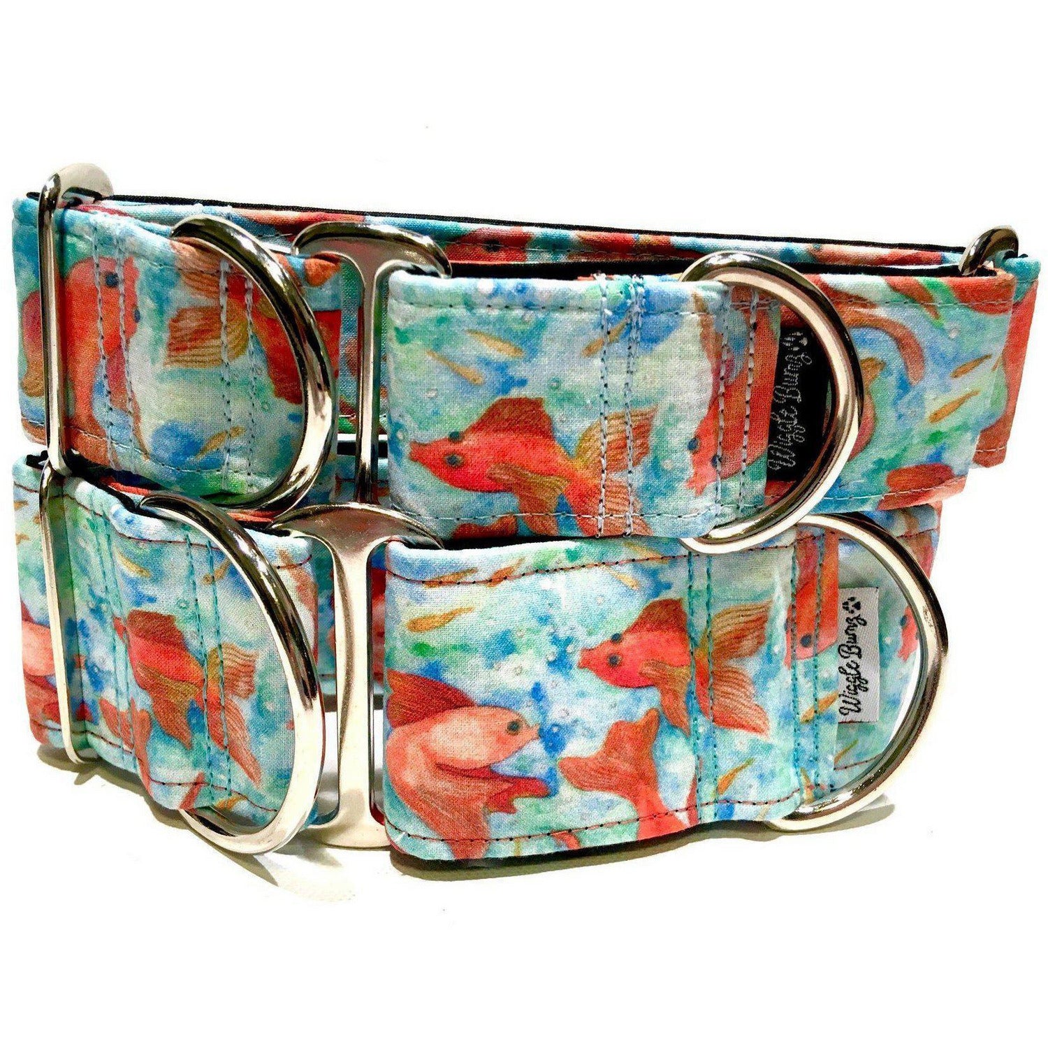 Gold Fish in a Tank Dog Collar by Big Paw Shop featuring a whimsical design on cotton fabric