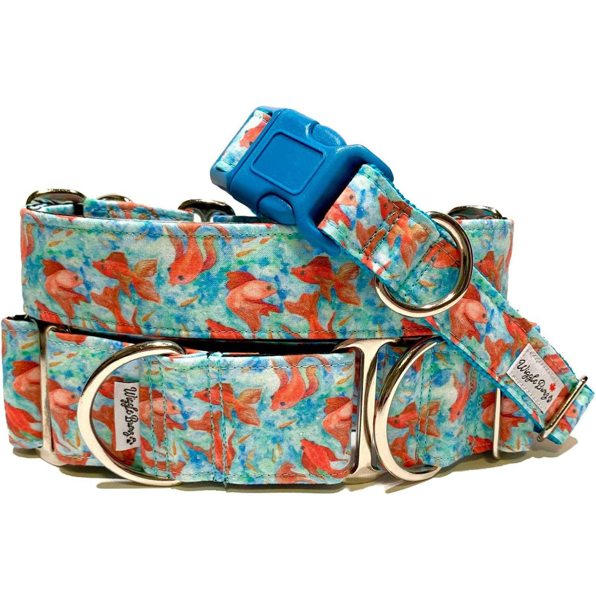 Golden Guppy Dog Collar by Big Paw Shop featuring a whimsical design on cotton fabric
