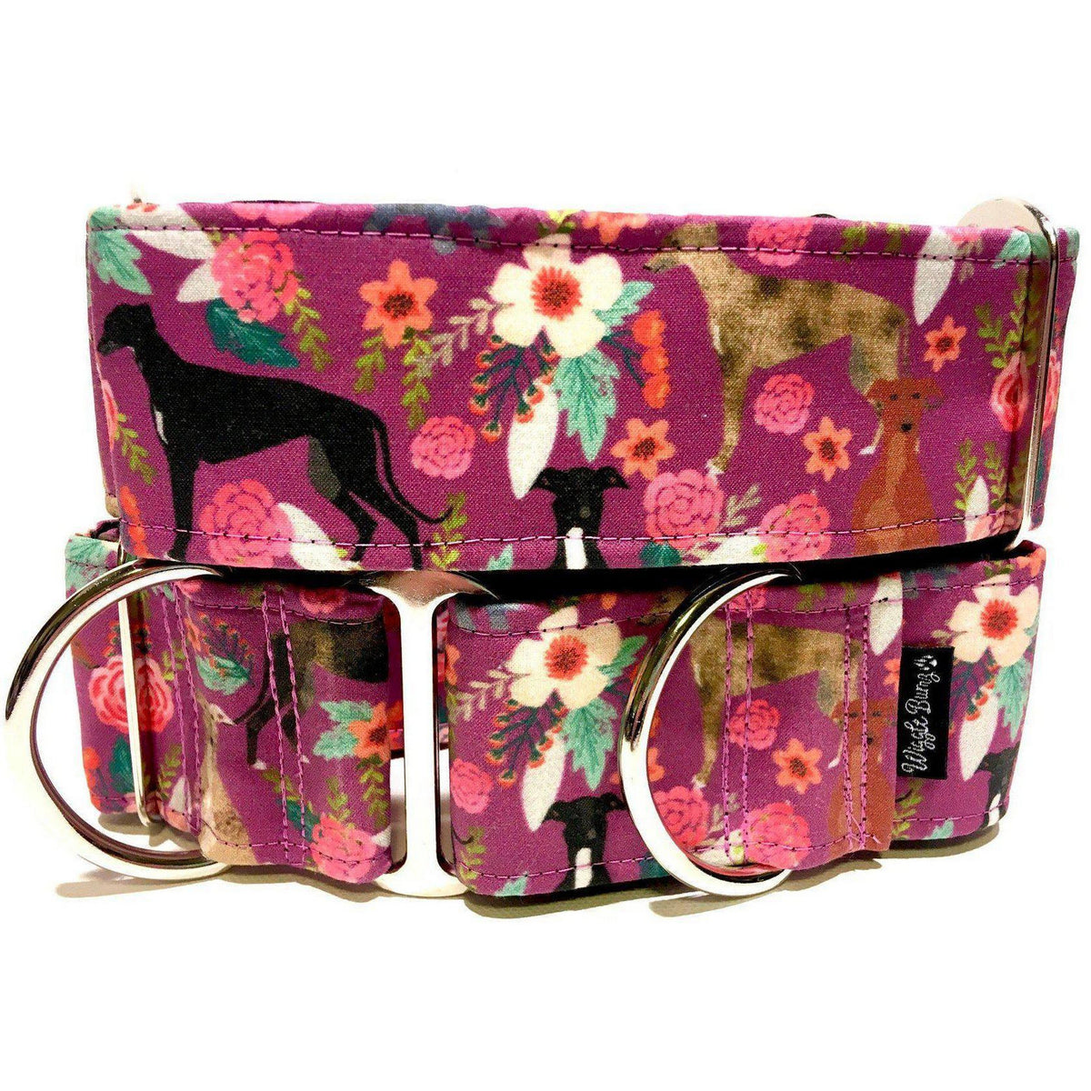 Floral Greyhounds Dog Collar by Big Paw Shop featuring a whimsical design on cotton fabric