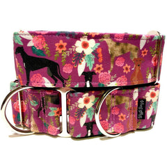 Floral Greyhounds Dog Collar by Big Paw Shop featuring a whimsical design on cotton fabric