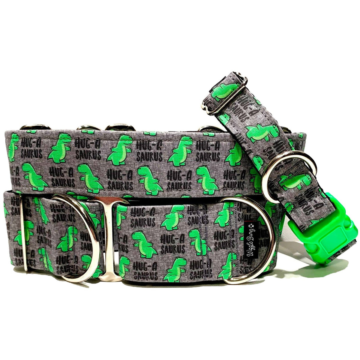 Hug-A-Saurus Grey Dog Collar by Big Paw Shop featuring a whimsical design on cotton fabric