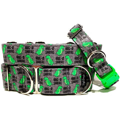 Hug-A-Saurus Grey Dog Collar by Big Paw Shop featuring a whimsical design on cotton fabric