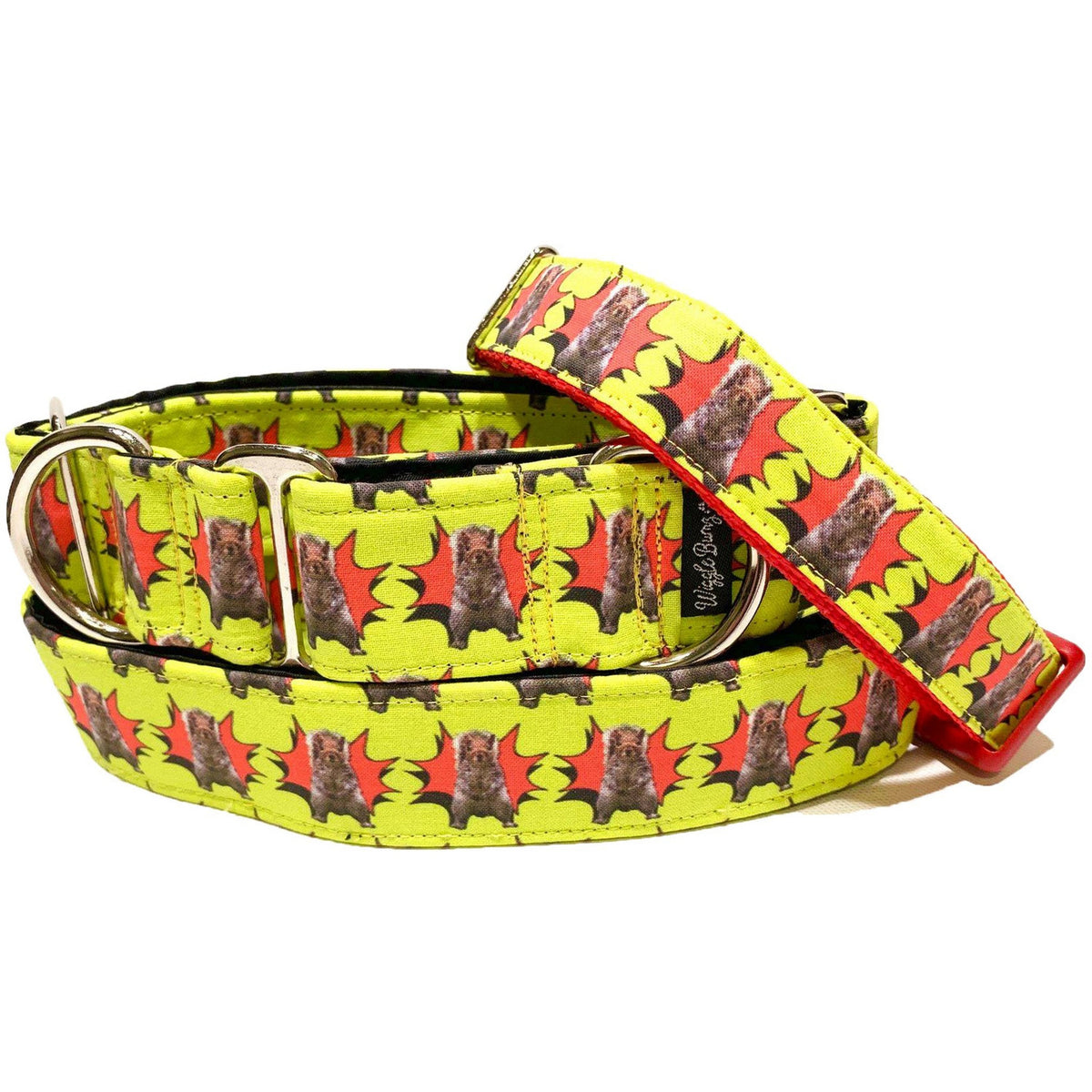 Kung Pow Squirrel Dog Collar by Big Paw Shop featuring a whimsical design on cotton fabric