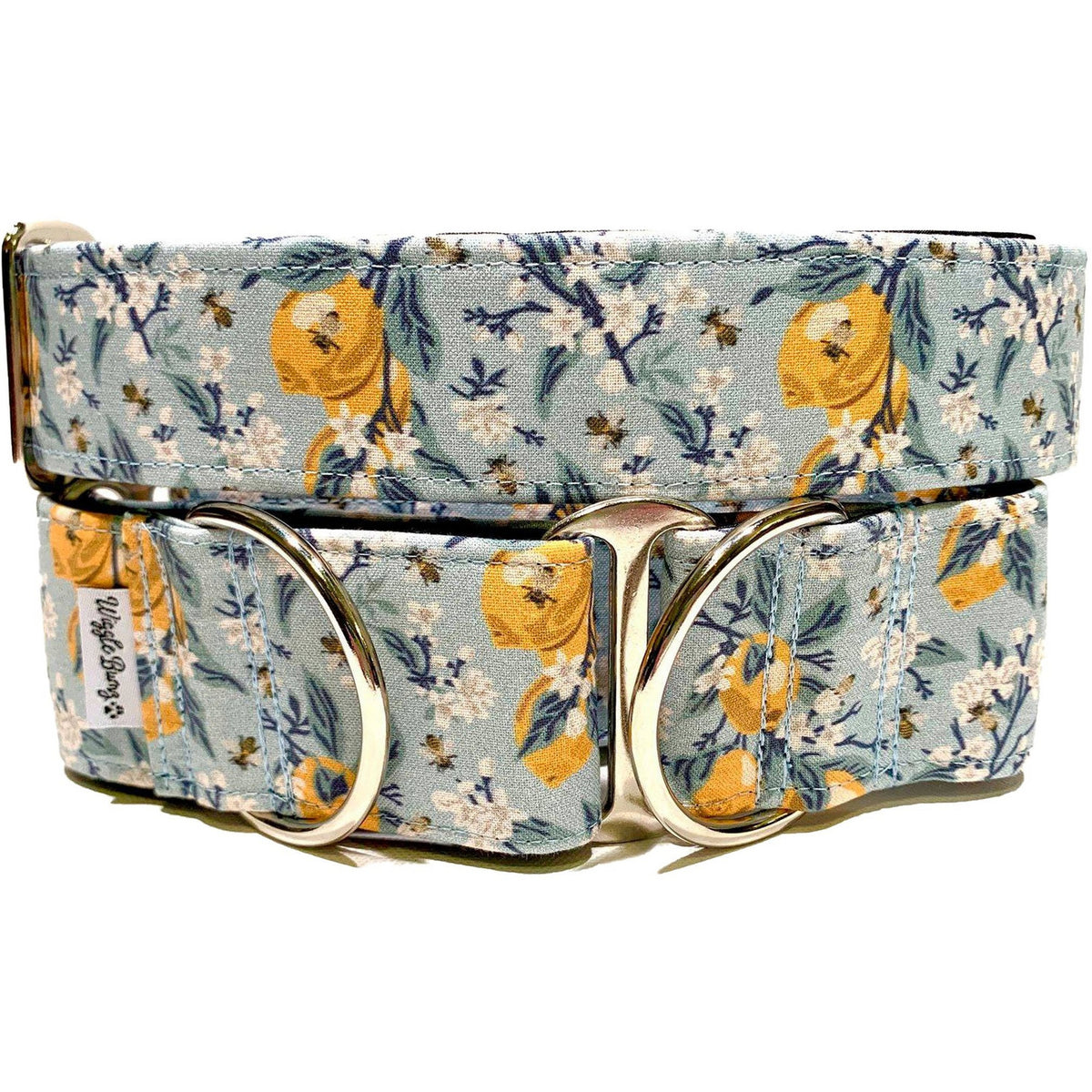 Lemons Dog Collar by Big Paw Shop featuring a whimsical design on cotton fabric