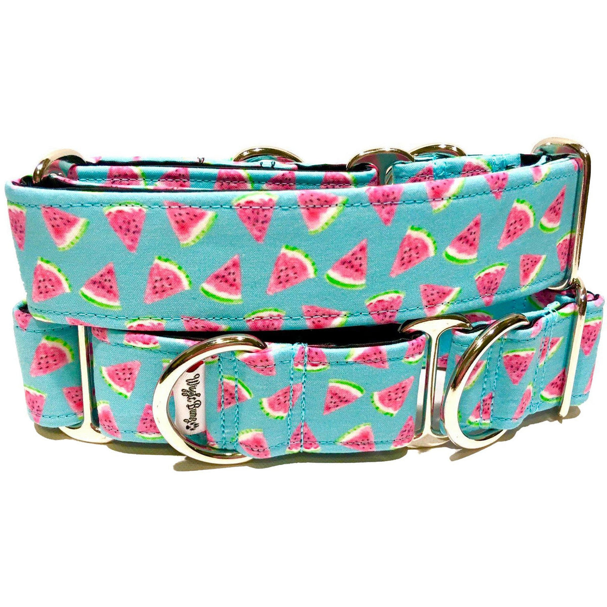 Mini Watermelon Dog Collar by Big Paw Shop featuring a whimsical design on cotton fabric