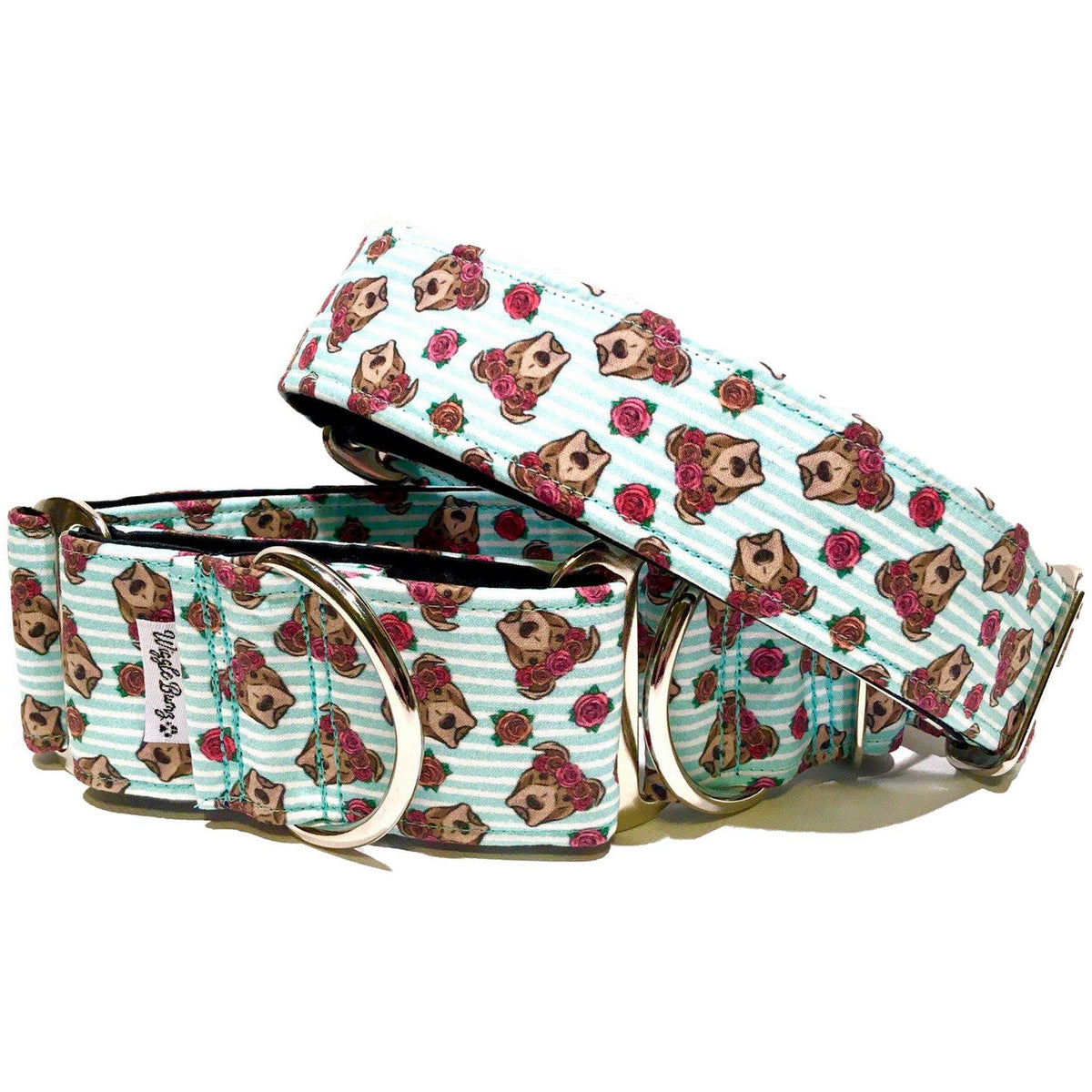 Rose Crown Pitbulls Dog Collar by Big Paw Shop featuring a whimsical design on cotton fabric