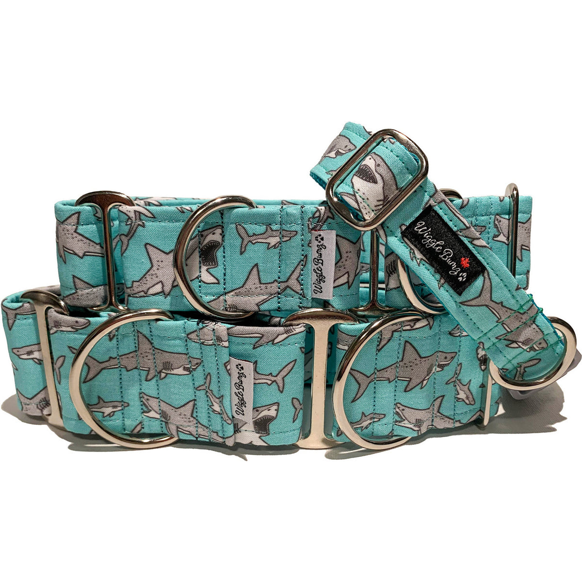 Sharks Dog Collar by Big Paw Shop featuring a whimsical design on cotton fabric