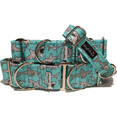 Sharks Dog Collar by Big Paw Shop featuring a whimsical design on cotton fabric